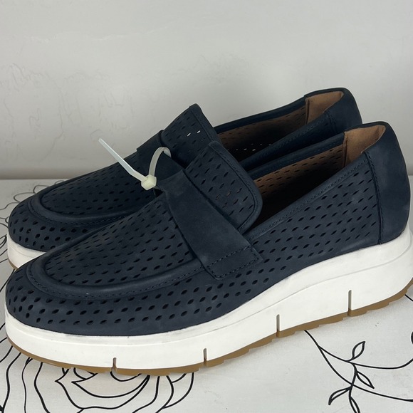 Clarks Shoes - Clarks Lorini Edge Navy Nubuck Perforated Platform Loafers Womens 9.5 M
